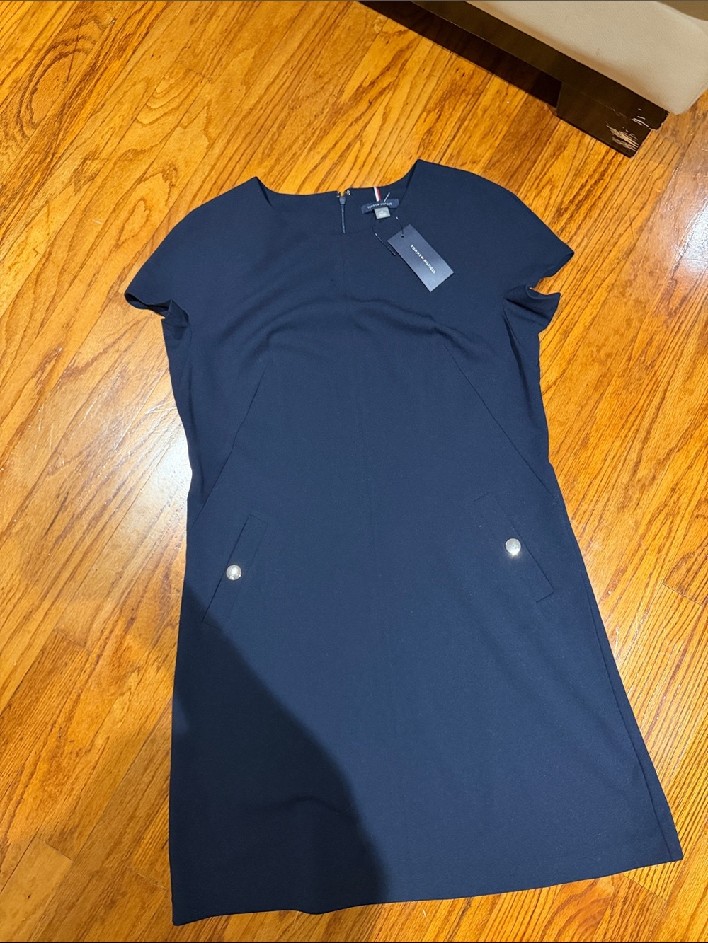 Tommy Hilfiger Navy Short-Sleeve Midi Dress with Button Pocket Accents